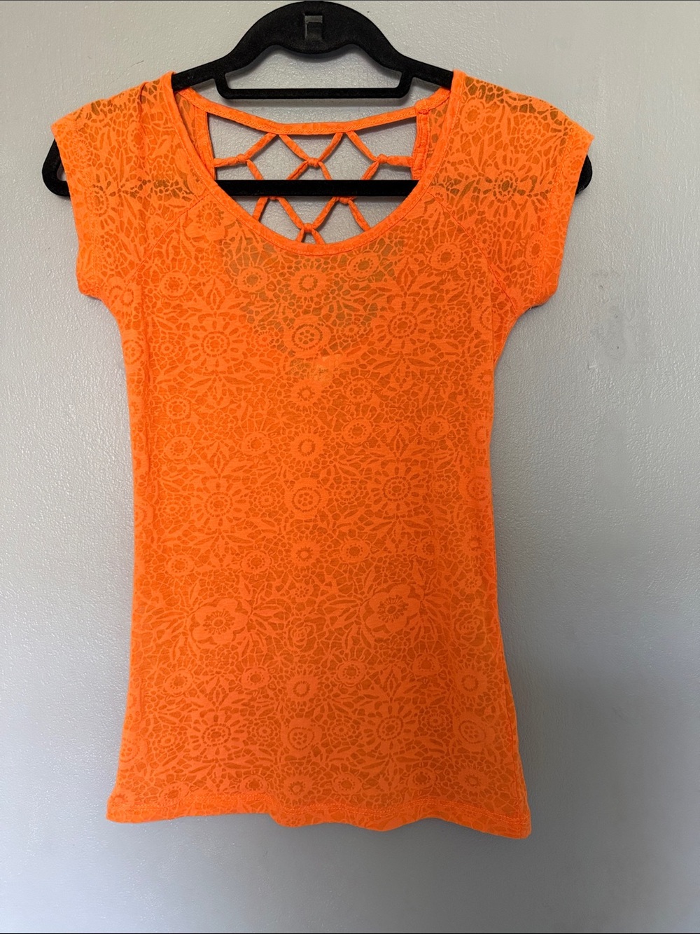 Derek Heart Boho Floral Strappy Lattice‎ Back Sheer Orange Lace Tee S